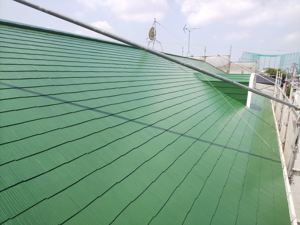 豊明市 Sアパート2 屋根・ 外壁塗装 RSシルバーグロスSiコース屋根下塗り完了